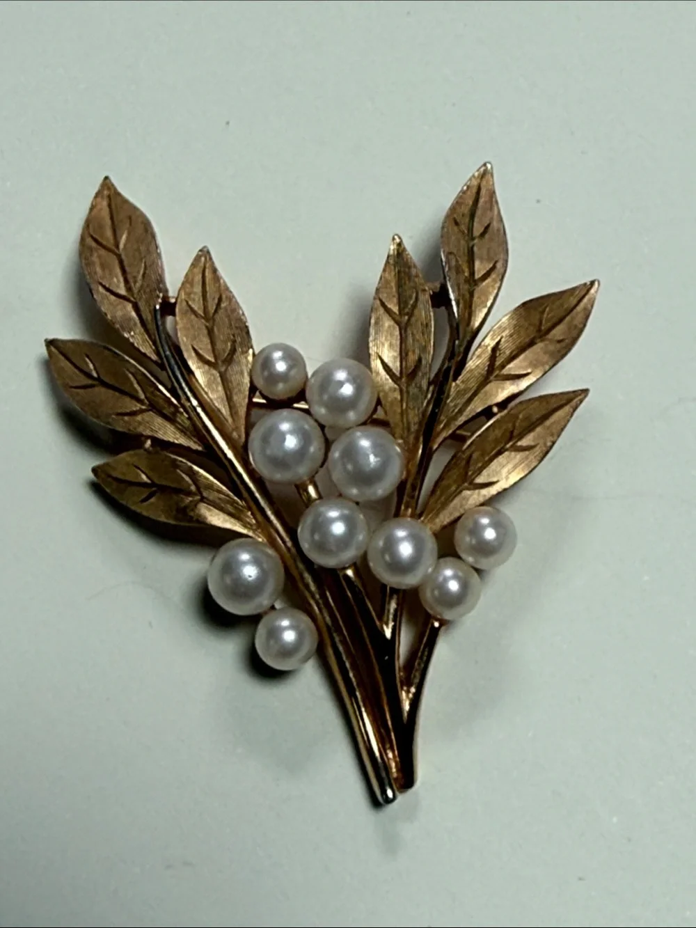 Vintage Crown Trifari Goldtone and Faux Pearl Leaf Brooch